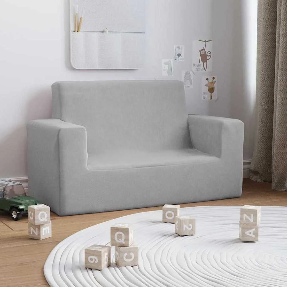 Dvivietė vaikiška sofa, šviesiai pilka, minkštas pliušas