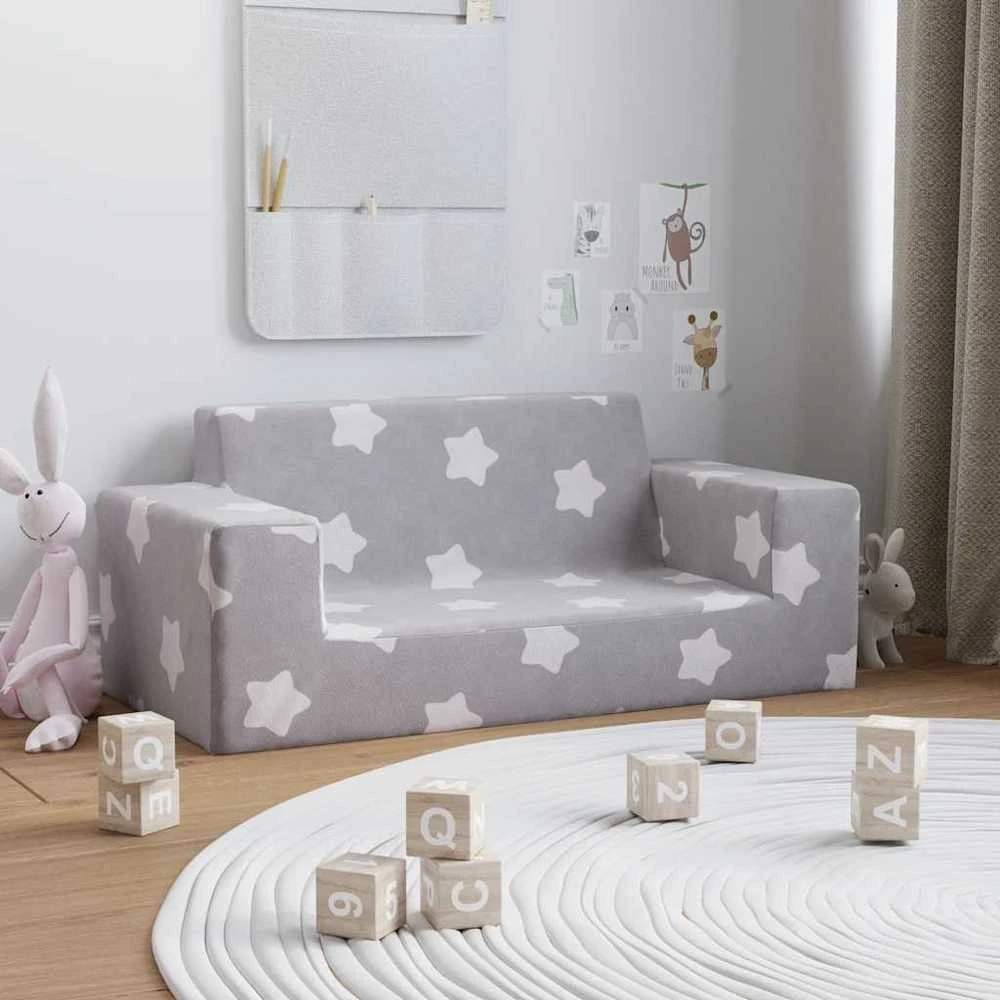 Dvivietė vaikiška sofa, šviesiai pilka, pliušas, su žvaigždėmis