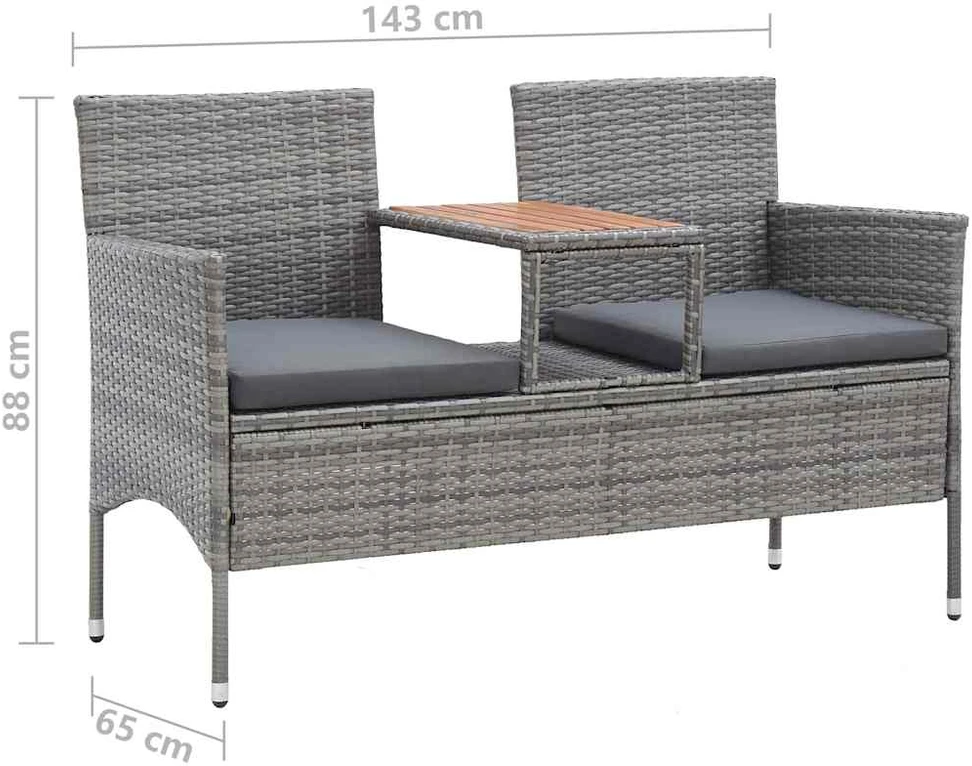 Dvivietis suoliukas su staliuku, pilkas, 143cm, poliratanas