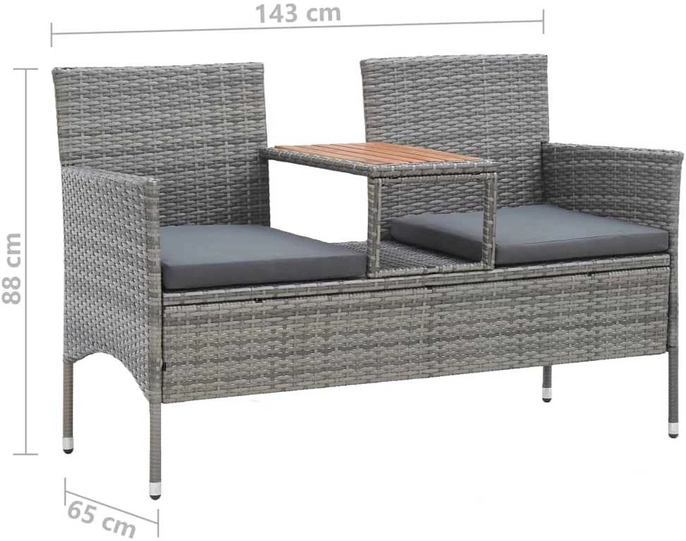 Dvivietis suoliukas su staliuku, pilkas, 143cm, poliratanas