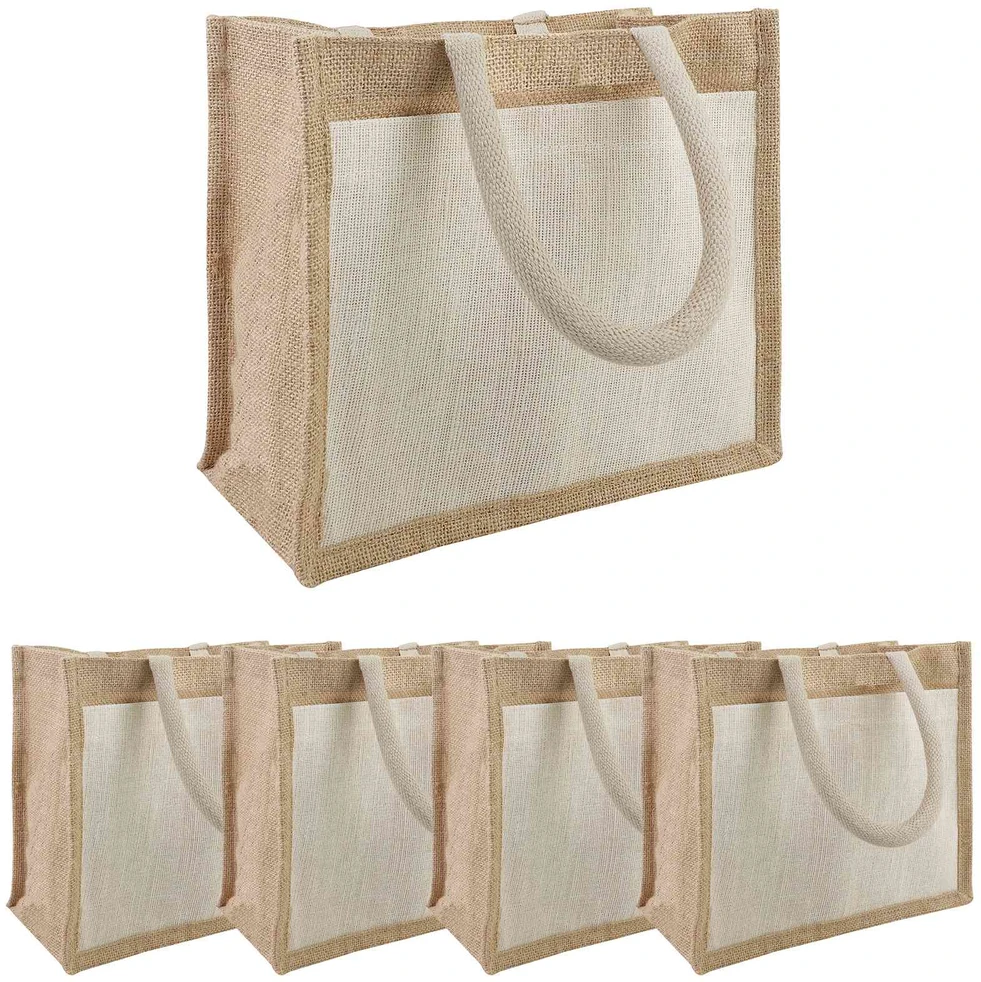 Džiuto rankinės su kišene 5 Natūrali ir Balta 26 x 22 x 14 cm