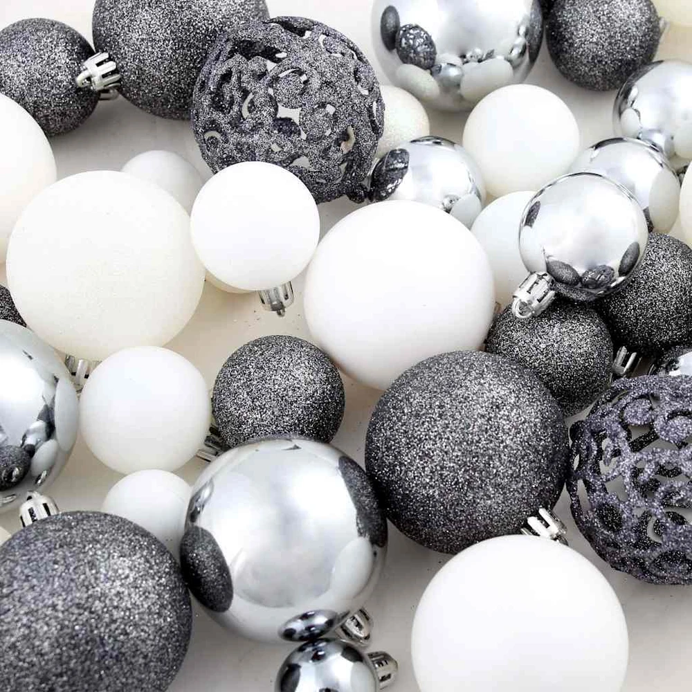 Eglutės žaisliukų rinkinys 100vnt 3/4/6cm baltos/pilkos spalvos