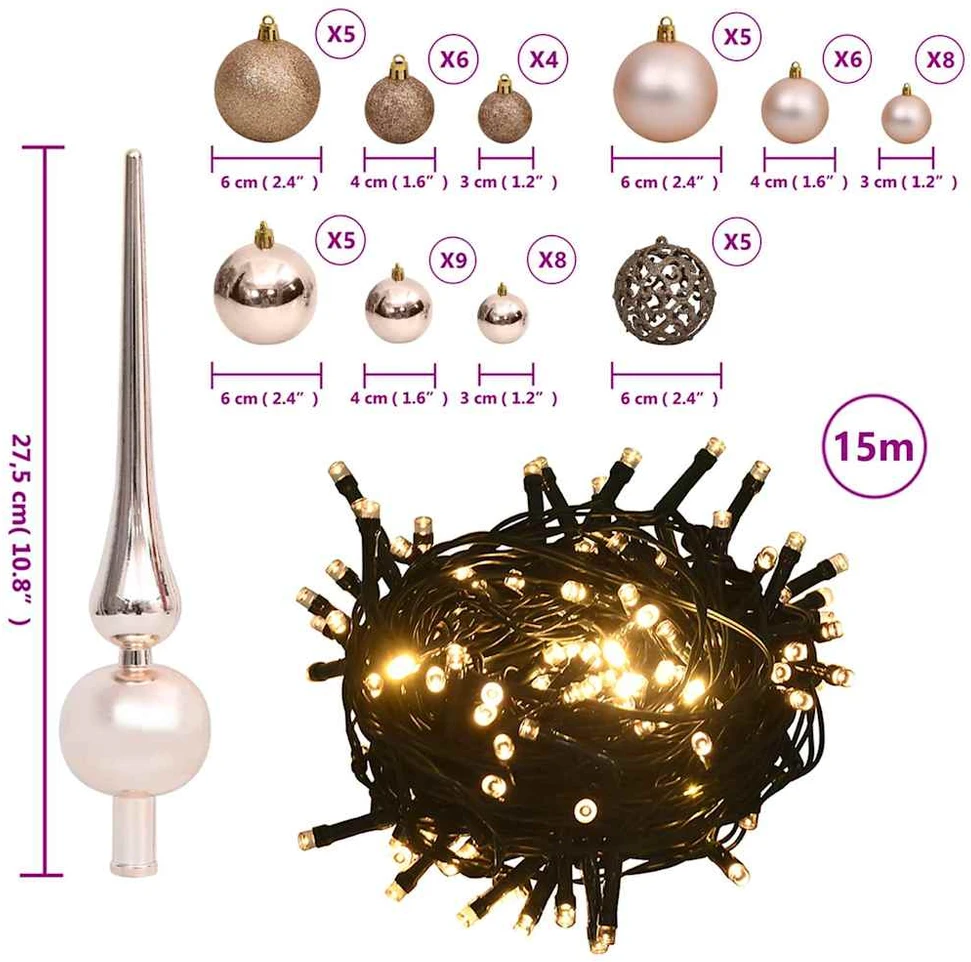 Eglutės žaisliukų rinkinys su viršūne ir 150 LED, 61 dalis