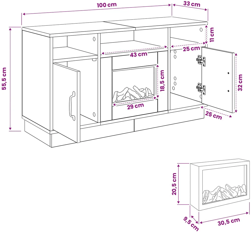 Elektrinis židinys Balta 100 x 33 x 55 cm Apdirbta mediena