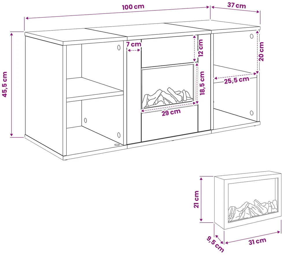 Elektrinis židinys Balta 100 x 37 x 45,5 cm Apdirbta mediena