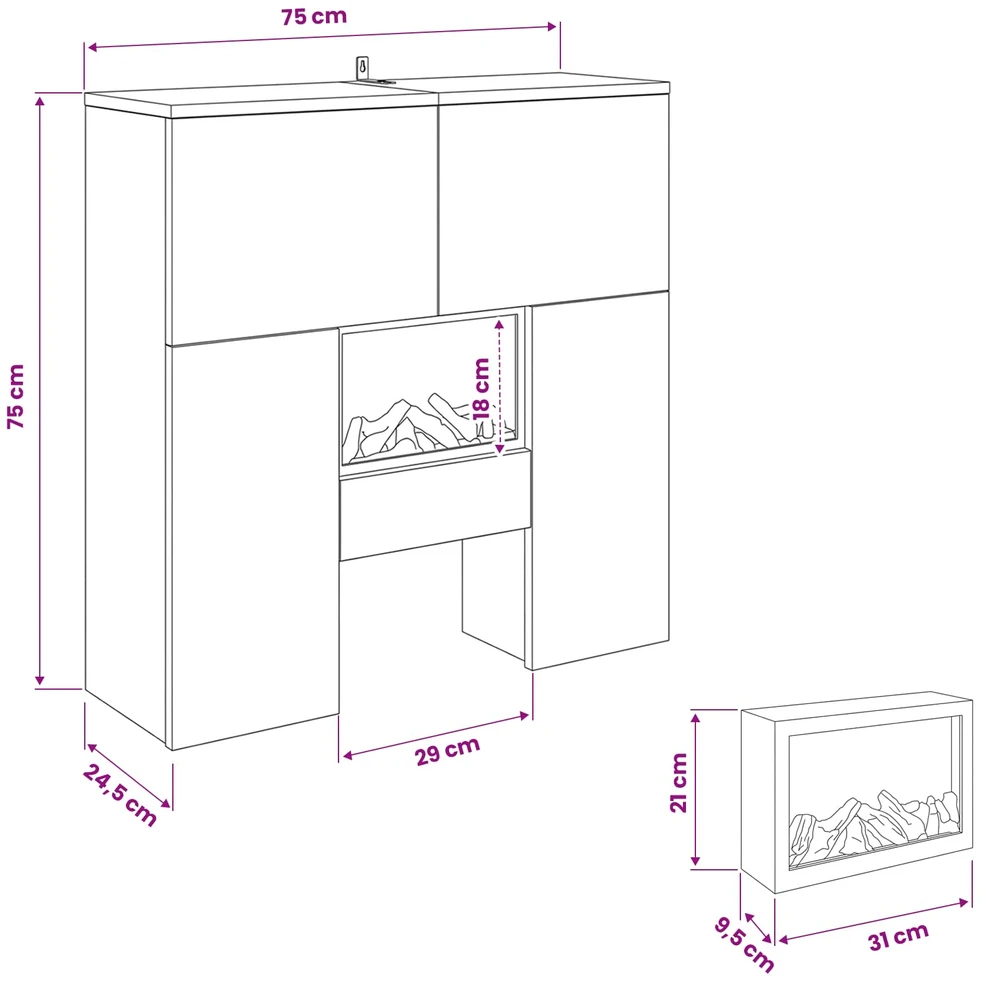 Elektrinis židinys Balta 75 x 24,5 x 75 cm Apdirbta mediena