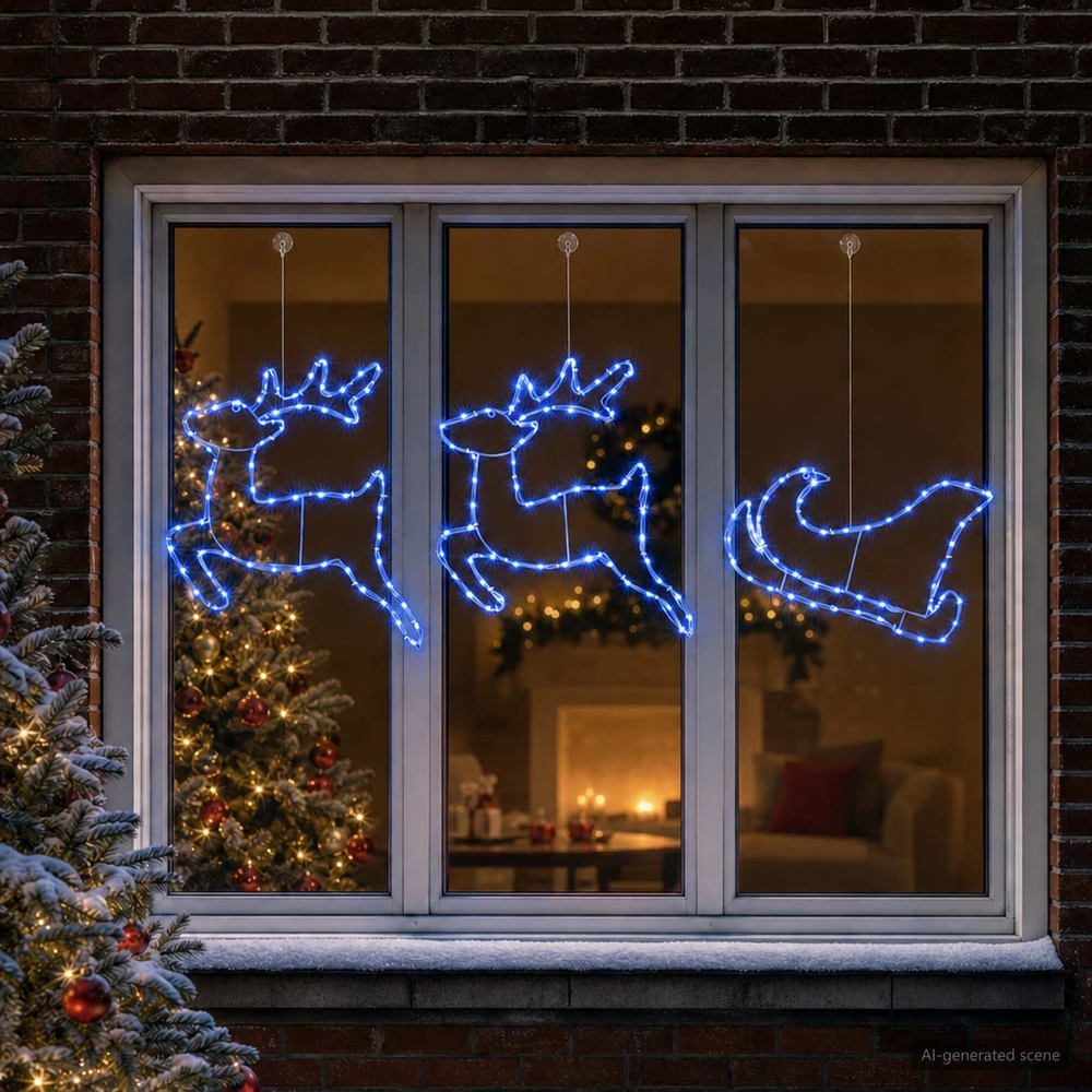 Elnių ir rogių kalėdinė dekoracija LOVIISA 180 LED Mėlyna