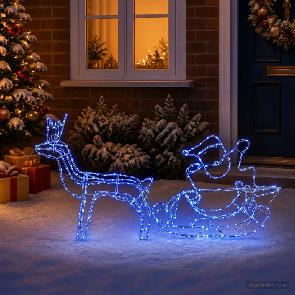 Kalėdų elnio ir rogių dekoracija LOVIISA 320 LED Mėlyna