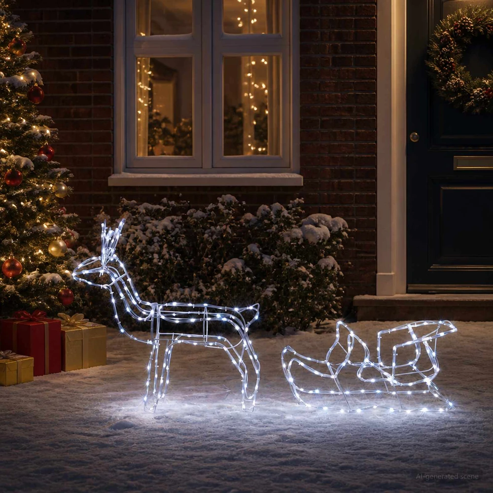 Elnių ir rogčių kalėdinė dekoracija LOVIISA 240 LED Šalta balta