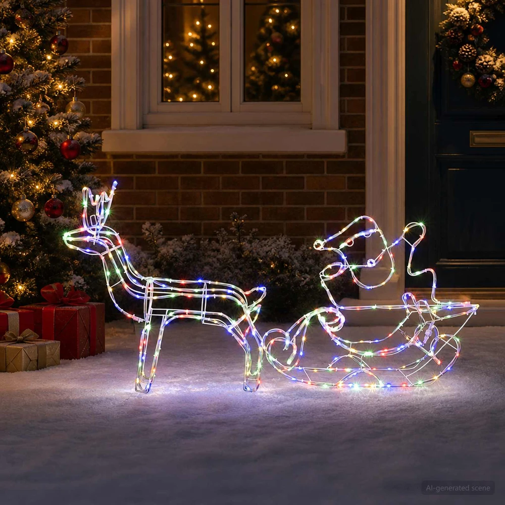 Kalėdų elnio ir rogių dekoracija LOVIISA 320 LED Įvairių spalvų