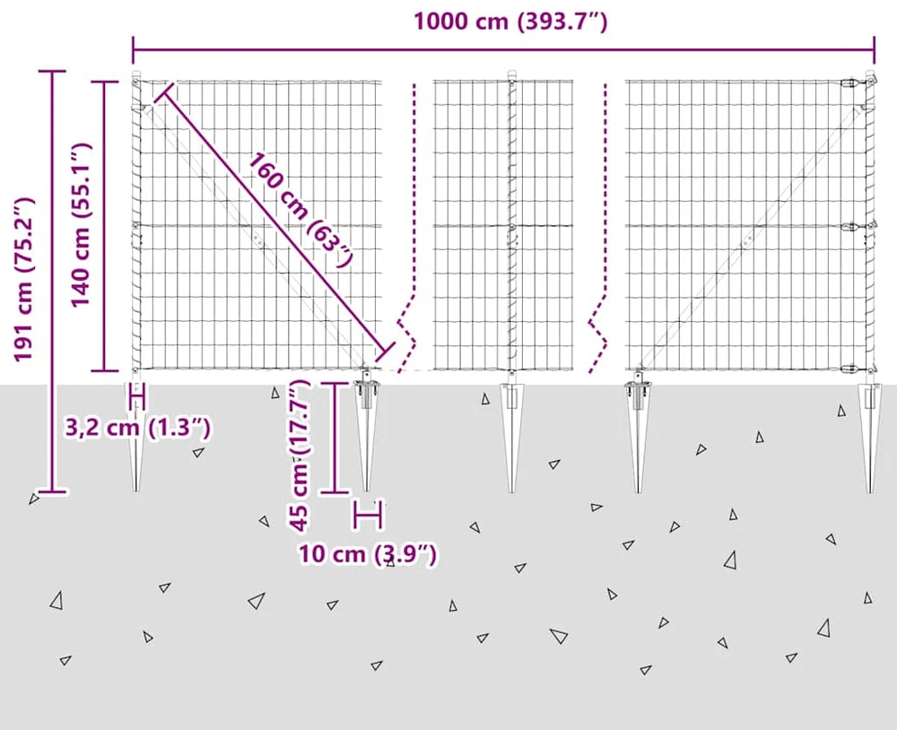 Euro tvora su smeigėmis 10 x 1,4 m PVC dengtas plienas Žalia