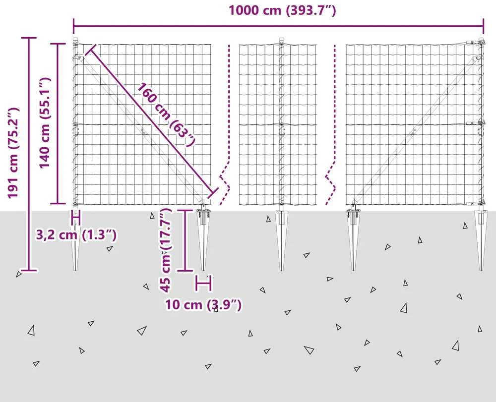 Euro tvora su smeigėmis 10 x 1,4 m PVC dengtas plienas Žalia