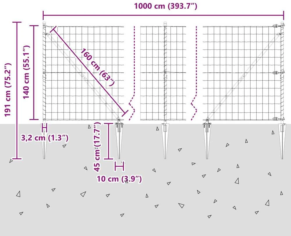 Euro tvora su smeigėmis 10 x 1,4 m PVC dengtas plienas Žalia