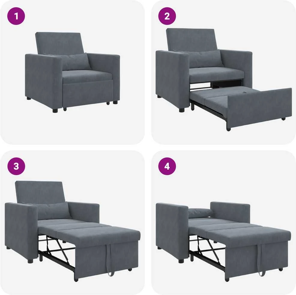 Fotelis Ištraukiamas sofa-lova vienvietis Tamsiai pilka Aksomas