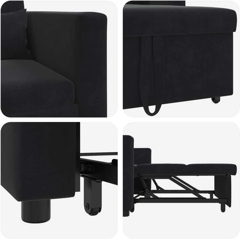 Fotelis Ištraukiamas sofa-lova vienvietis su ratais Juoda Aksomas