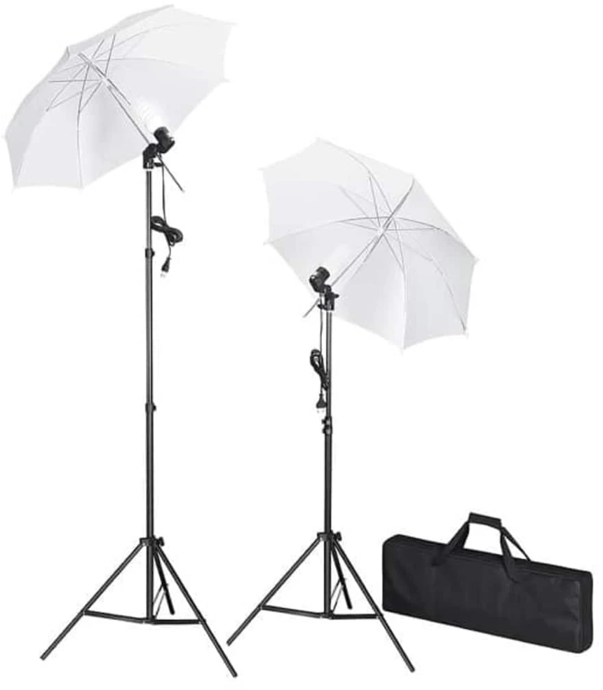 Fotostudijos komplektas su fonais, šviestuvais ir skėčiais