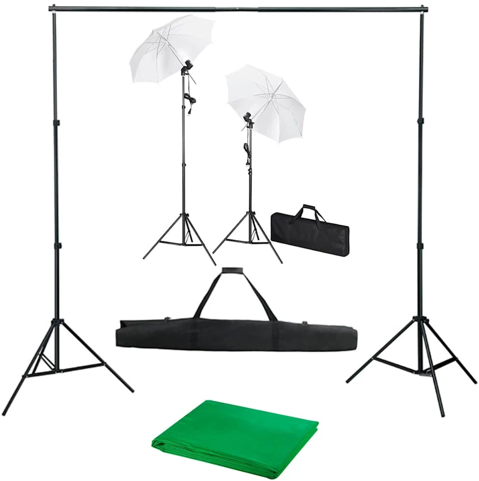 Fotostudijos komplektas su fonu, šviestuvais ir skėčiais