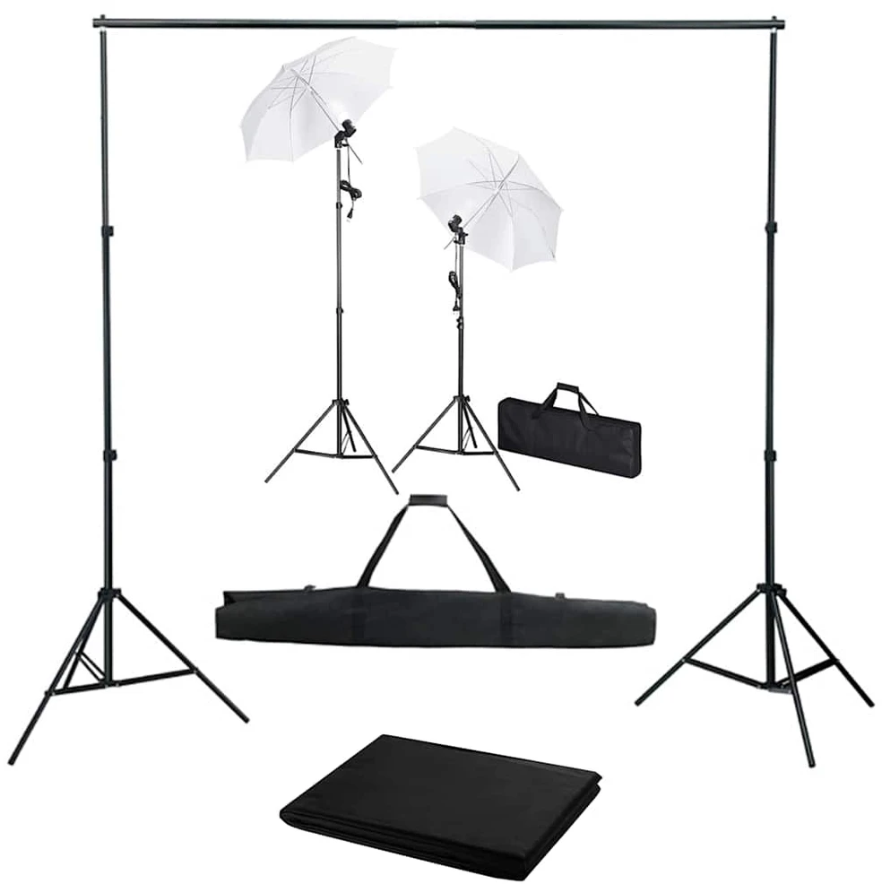 Fotostudijos komplektas su fonu, šviestuvais ir skėčiais