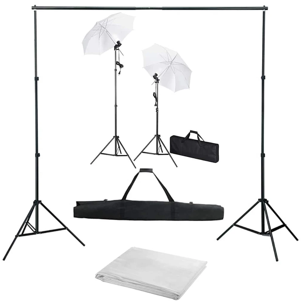 Fotostudijos komplektas su fonu, šviestuvais ir skėčiais