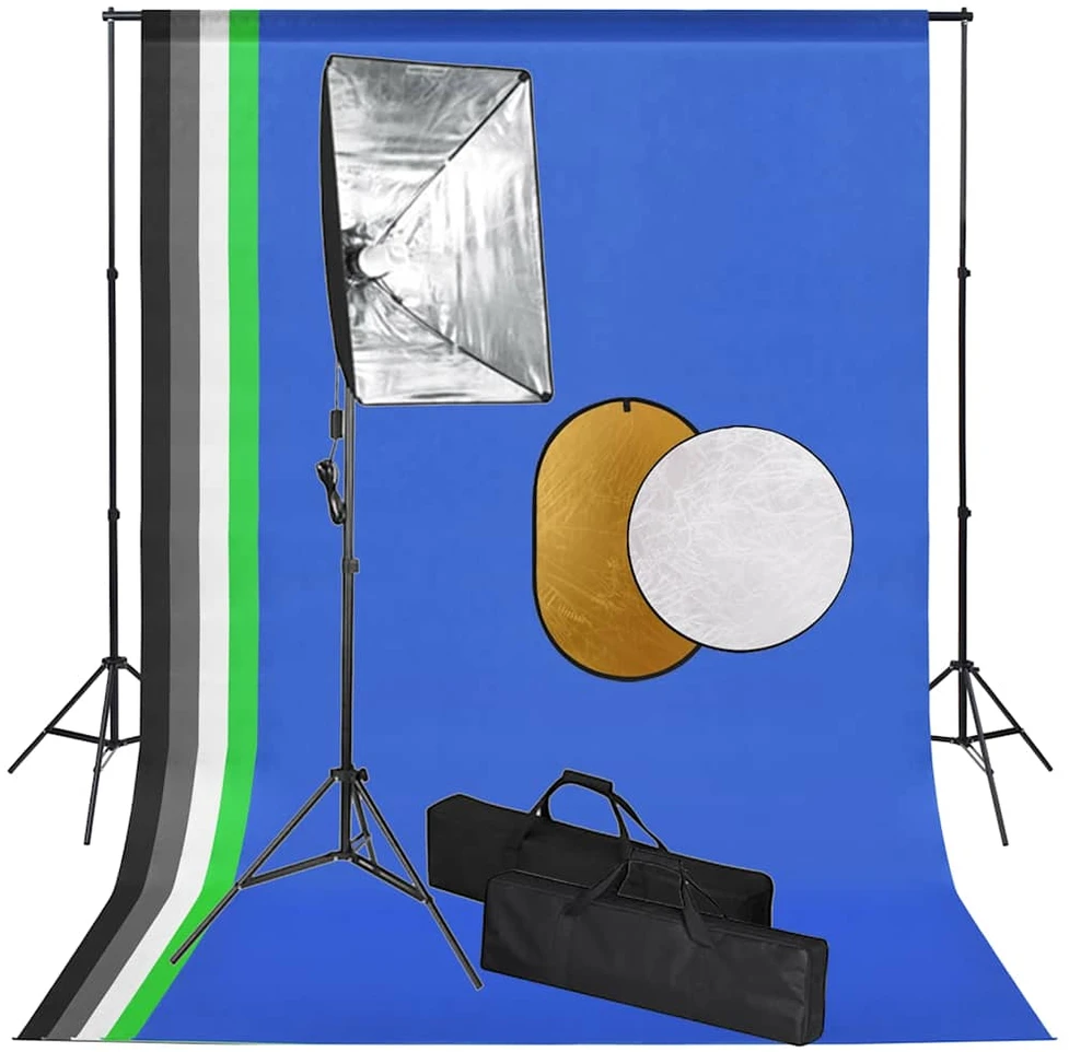 Fotostudijos komplektas su šviesdėžėmis, fonu ir reflektoriumi