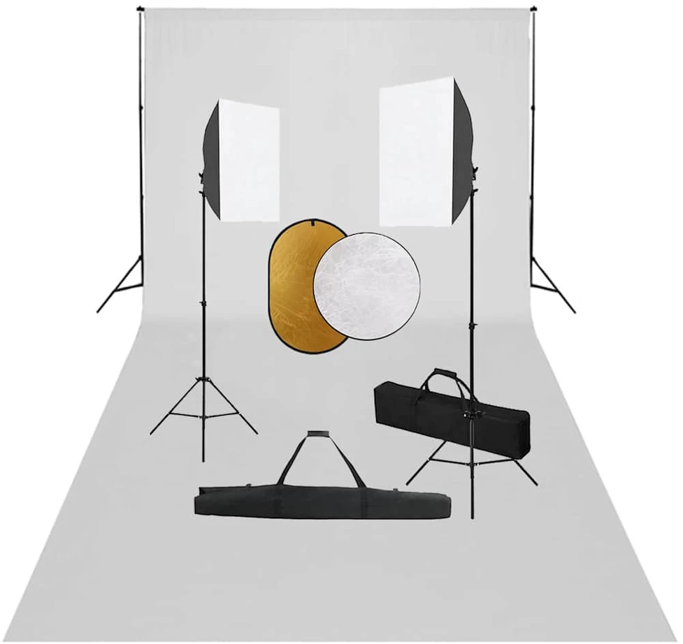 Fotostudijos komplektas su šviesdėžėmis, fonu ir reflektoriumi