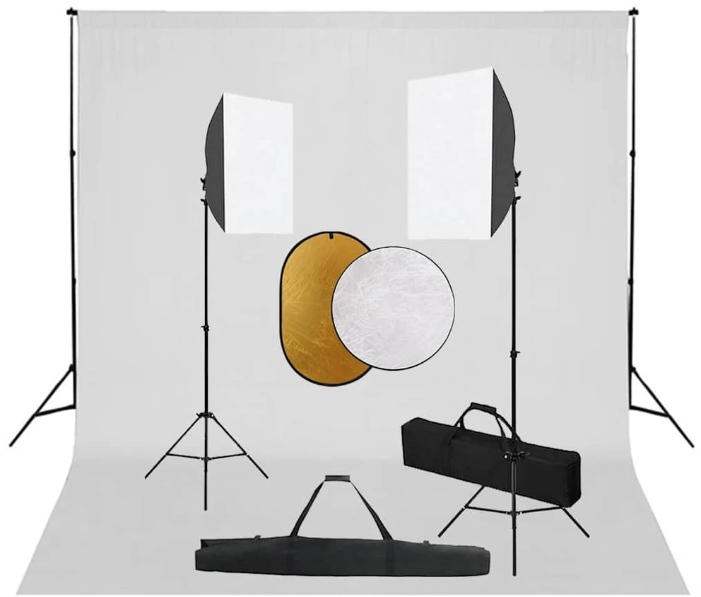 Fotostudijos komplektas su šviesdėžėmis, fonu ir reflektoriumi