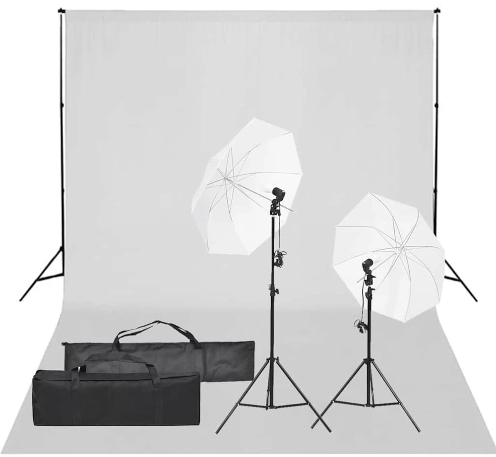 Fotostudijos rinkinys su apšvietimo rinkiniu ir fonu