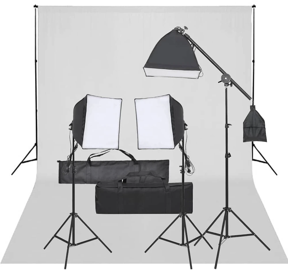 Fotostudijos rinkinys su apšvietimo rinkiniu ir fonu