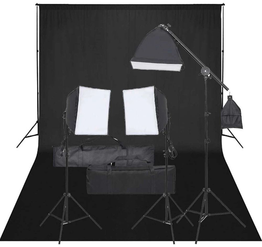 Fotostudijos rinkinys su apšvietimo rinkiniu ir fonu