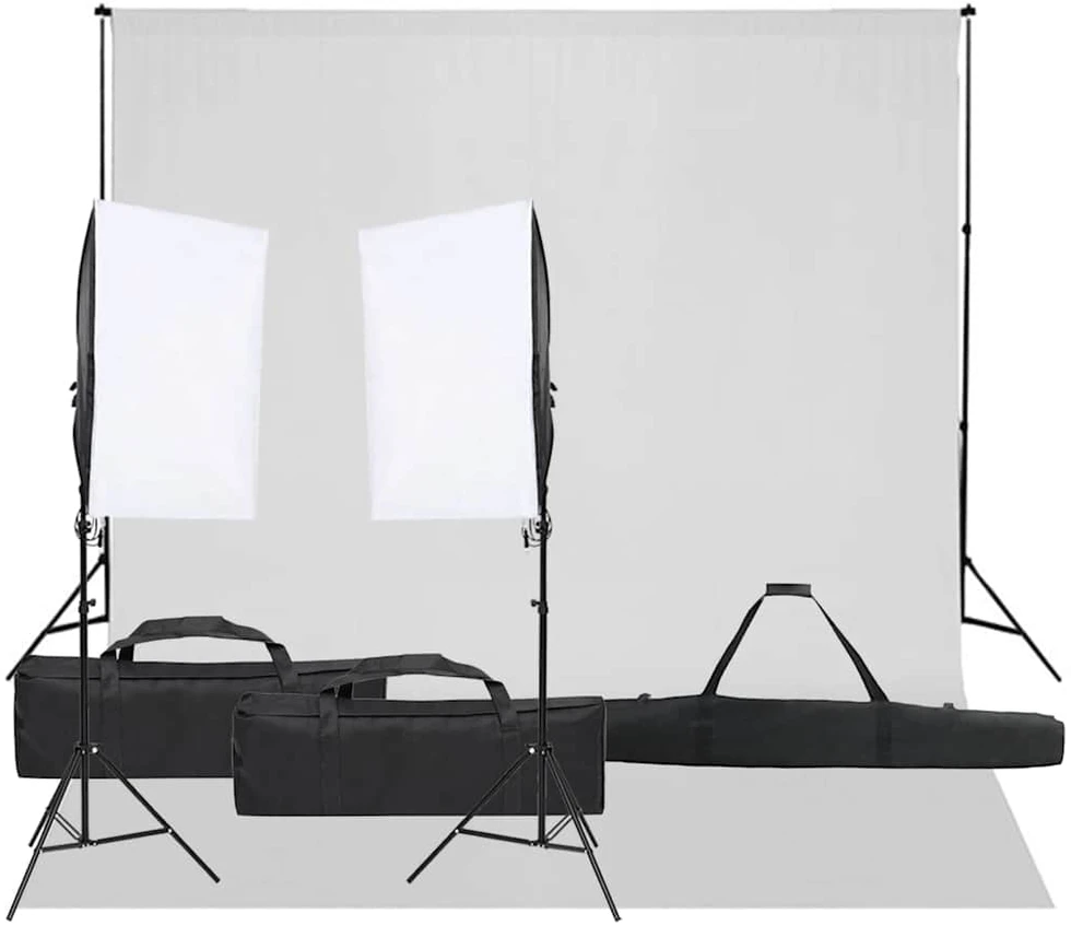Fotostudijos rinkinys su apšvietimo rinkiniu ir fonu