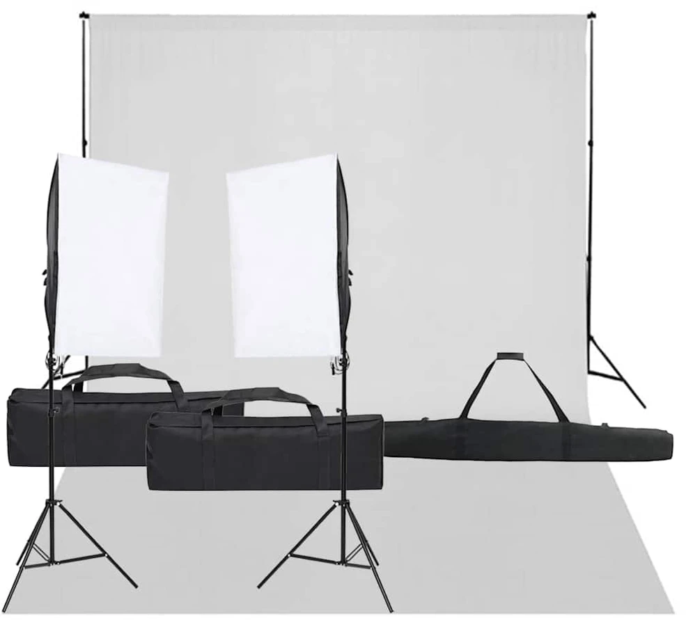 Fotostudijos rinkinys su apšvietimo rinkiniu ir fonu
