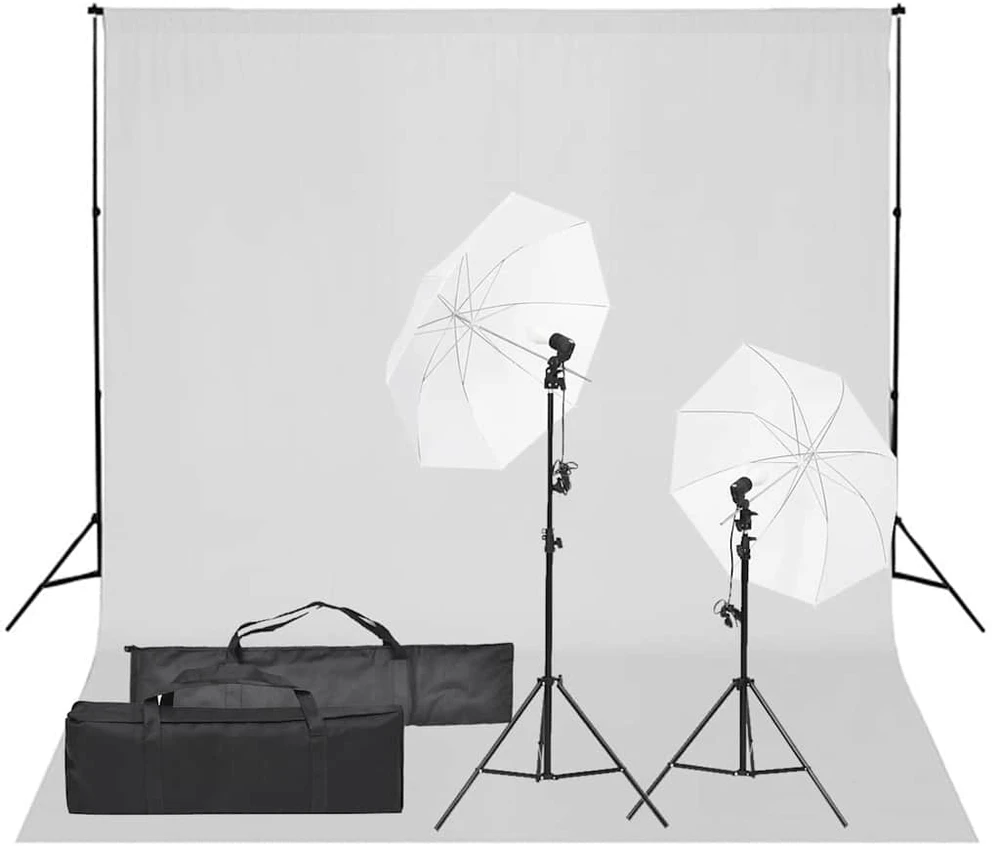 Fotostudijos rinkinys su apšvietimo rinkiniu ir fonu