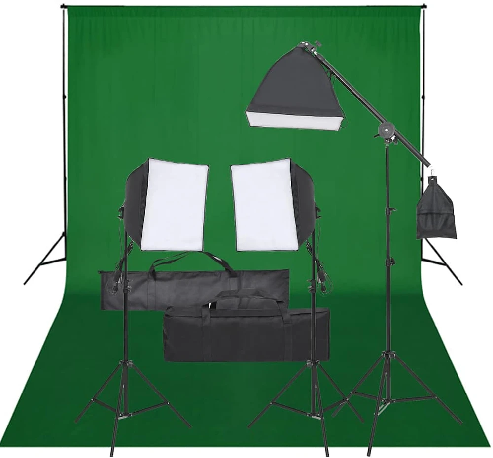 Fotostudijos rinkinys su apšvietimo rinkiniu ir fonu