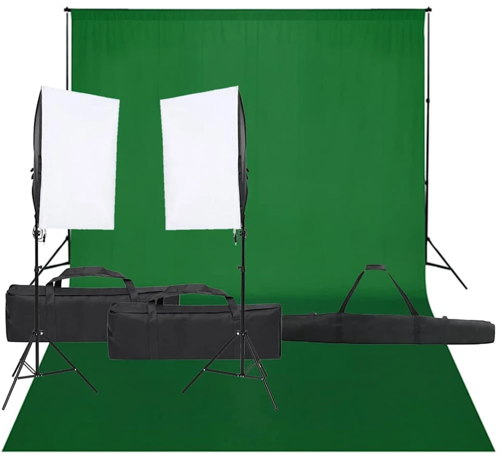 Fotostudijos rinkinys su apšvietimo rinkiniu ir fonu
