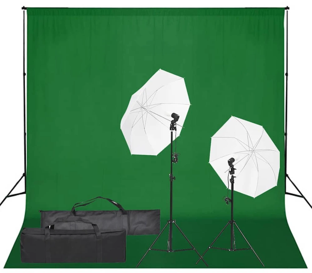 Fotostudijos rinkinys su apšvietimo rinkiniu ir fonu