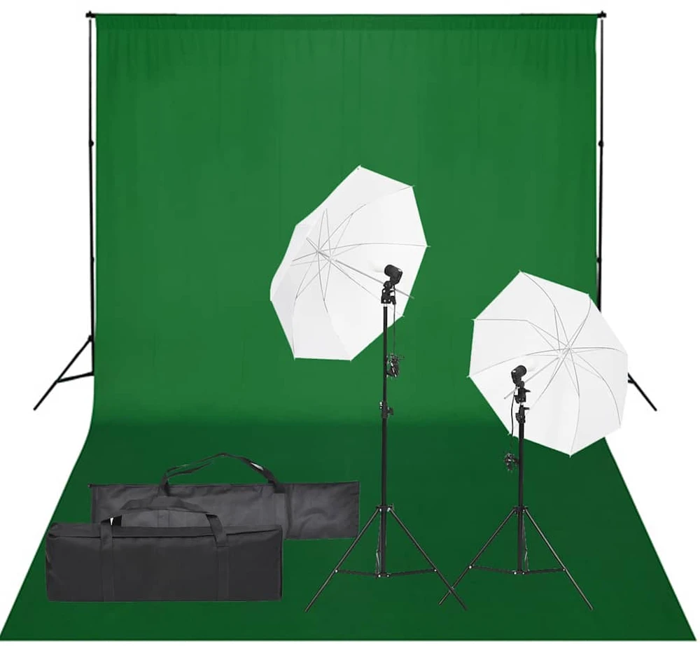 Fotostudijos rinkinys su apšvietimo rinkiniu ir fonu