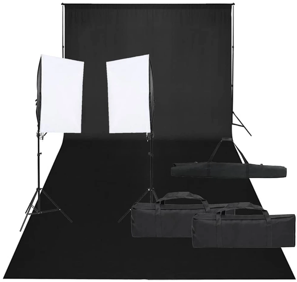 Fotostudijos rinkinys su apšvietimo rinkiniu ir fonu
