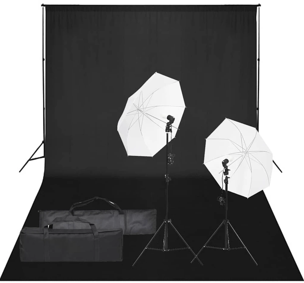 Fotostudijos rinkinys su apšvietimo rinkiniu ir fonu