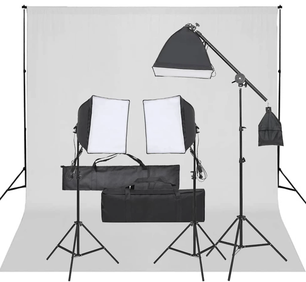 Fotostudijos rinkinys su apšvietimo rinkiniu ir fonu