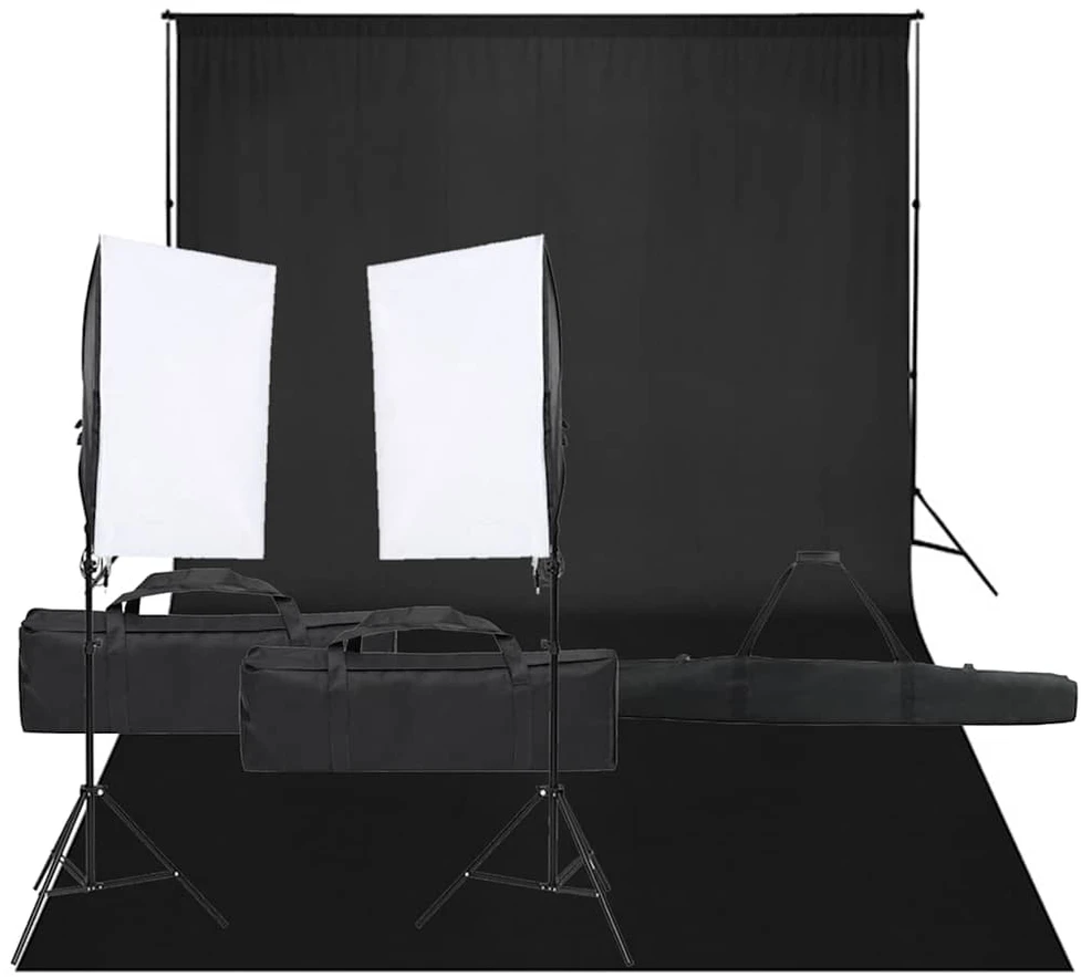 Fotostudijos rinkinys su apšvietimo rinkiniu ir fonu