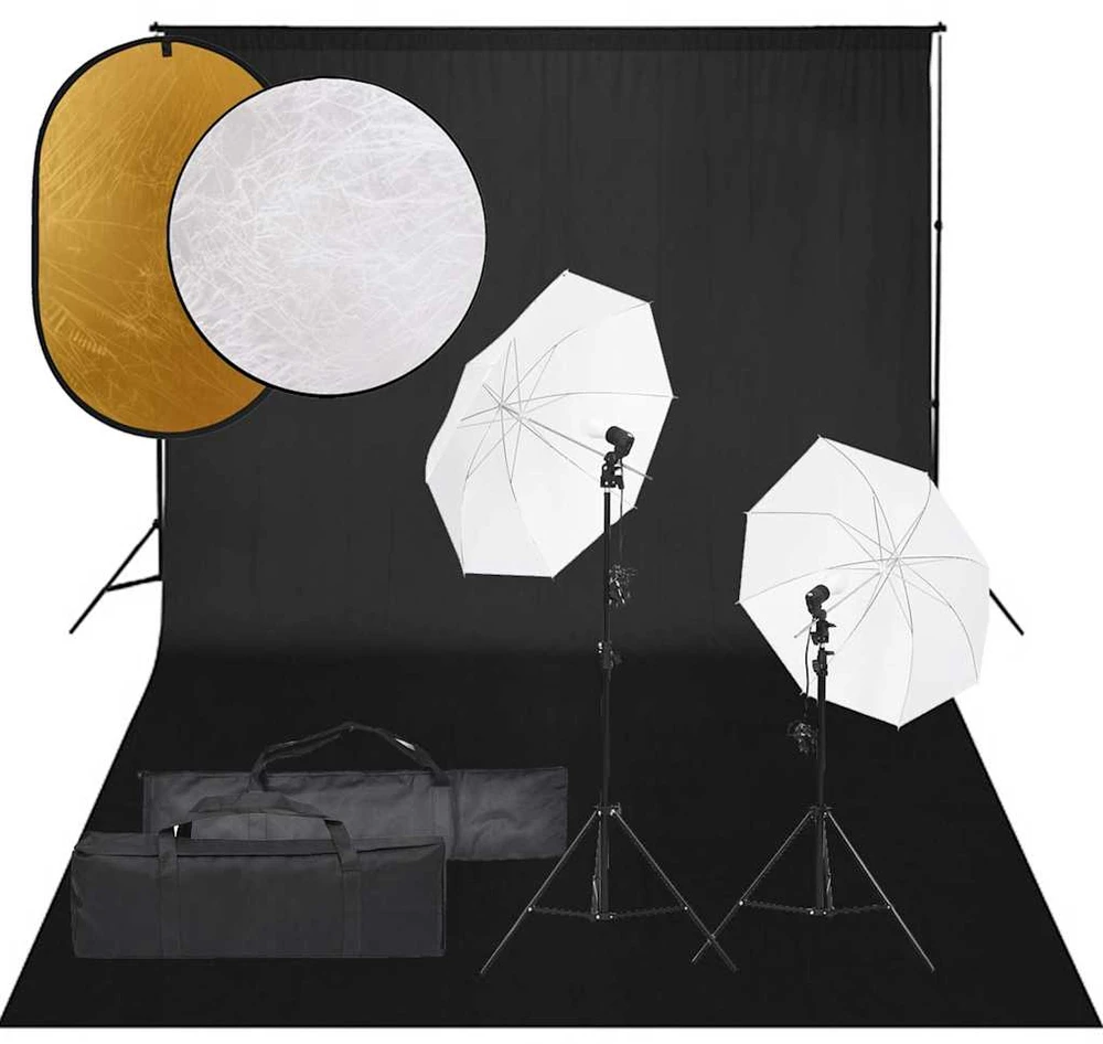 Fotostudijos rinkinys su šviestuvais, fonu ir reflektoriumi