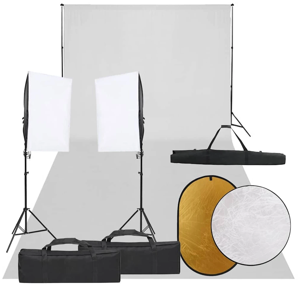 Fotostudijos rinkinys su šviestuvais, fonu ir reflektoriumi