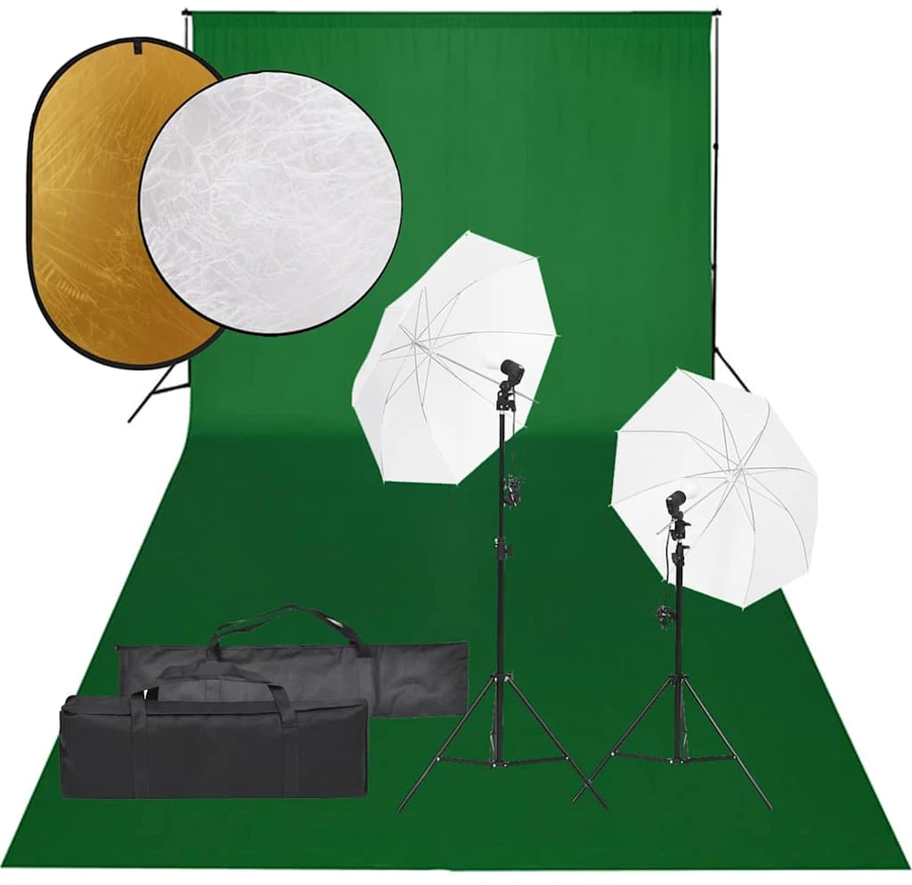 Fotostudijos rinkinys su šviestuvais, fonu ir reflektoriumi
