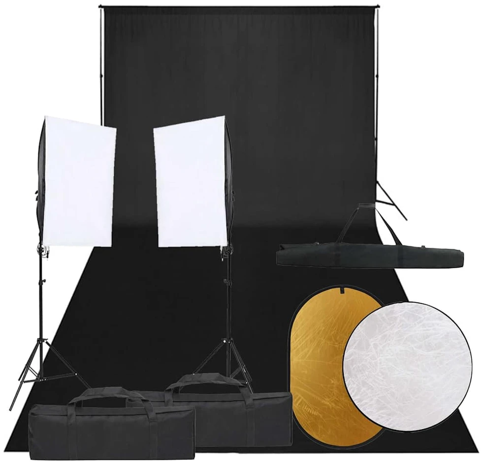 Fotostudijos rinkinys su šviestuvais, fonu ir reflektoriumi
