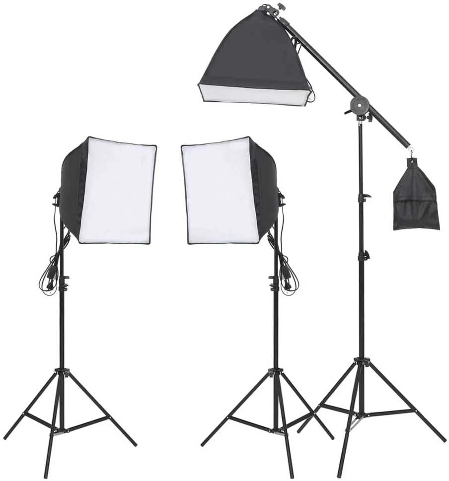Fotostudijos rinkinys su šviestuvais, fonu ir reflektoriumi