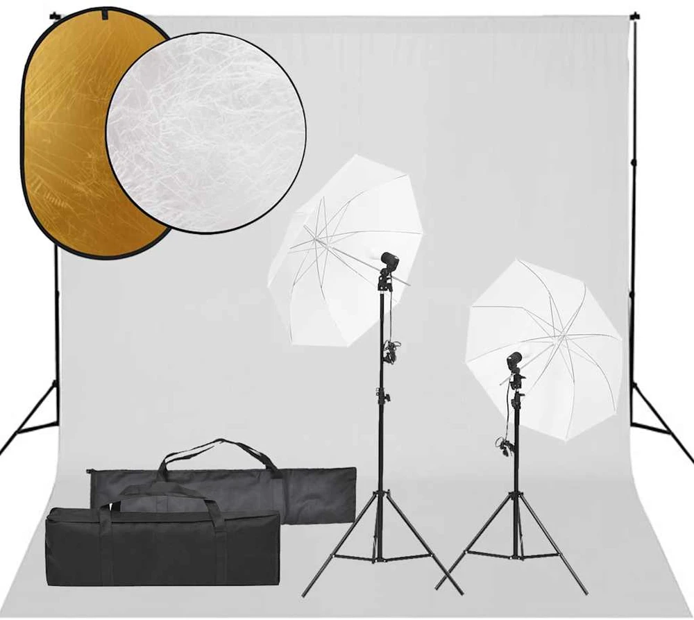 Fotostudijos rinkinys su šviestuvais, fonu ir reflektoriumi
