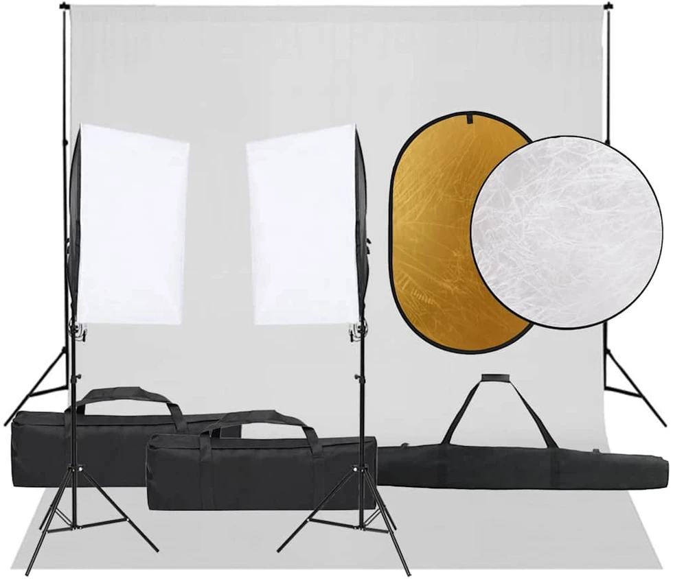 Fotostudijos rinkinys su šviestuvais, fonu ir reflektoriumi