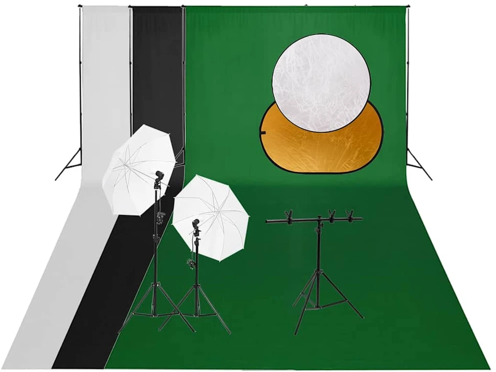 Fotostudijos rinkinys su šviestuvais, fonu ir reflektoriumi