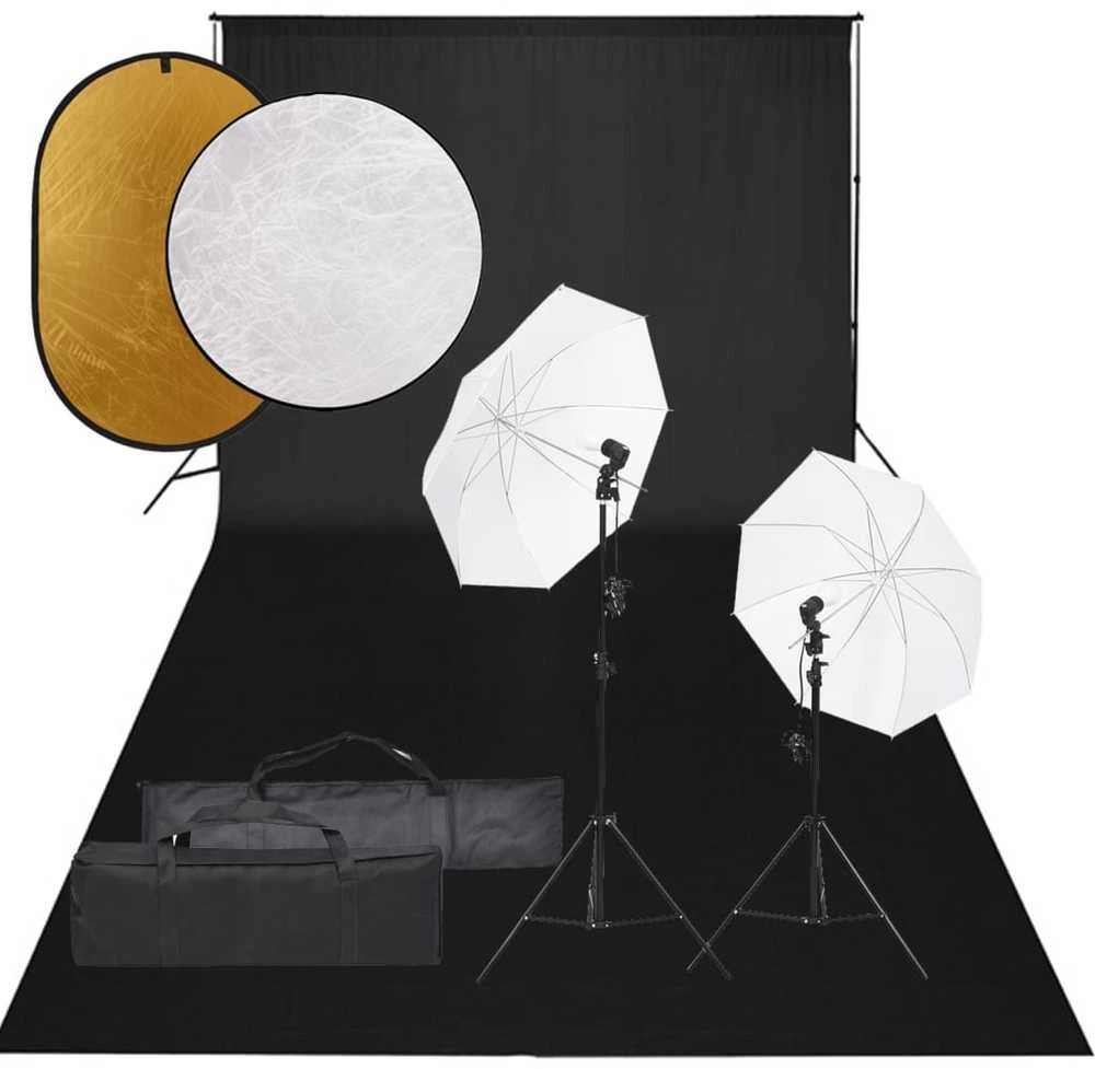 Fotostudijos rinkinys su šviestuvais, fonu ir reflektoriumi
