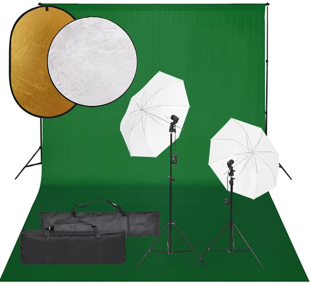 Fotostudijos rinkinys su šviestuvais, fonu ir reflektoriumi